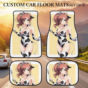 Anime Car Mats ,Universal Fitment Floor Mats,Cute Cow Car Accessories,Super Soft ,Flexible Rubber Backing Car Floor Mats set of 4