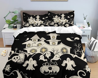 Funda de almohada con diseño de castillo temático de Halloween, juego de edredón de 3 piezas, cama de Halloween, ropa de cama de 3 piezas, decoración de cama
