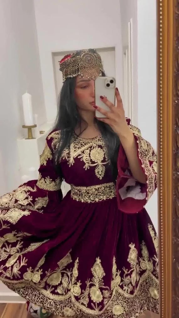 Afghan Kuchi Velvet Dress: Traditional Chirma DOZI Embroidery Afghan Kuchi Velvet Dress: Traditional Chirma DOZI Embroidery