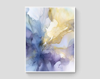 Abstract watercolor painting water color painting,  Violet and yellow alcohol ink art wall art print on paper