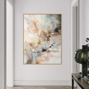 Abstract watercolor painting hanging on a wall in an entry hall