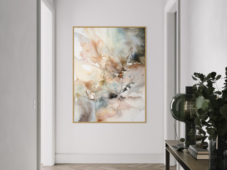 Abstract watercolor painting hanging on a wall in an entry hall