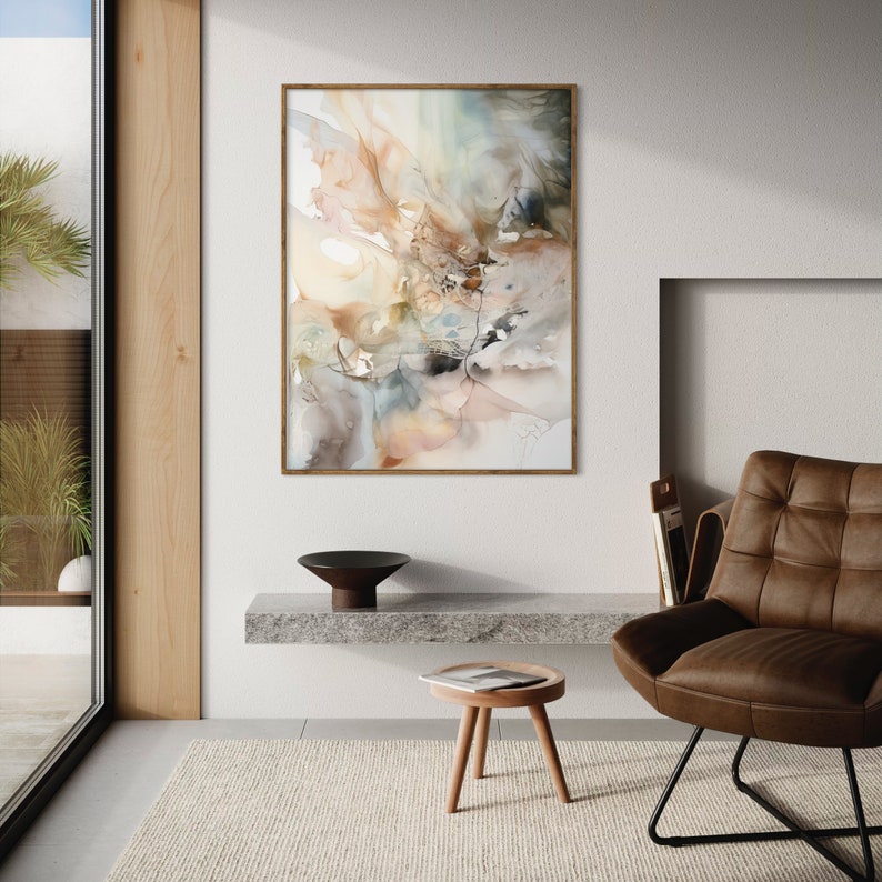 Abstract watercolor painting hanging on a wall in a living room