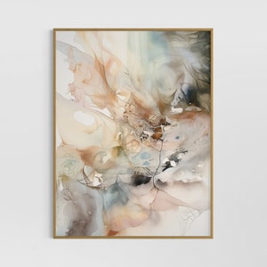 Framed abstract watercolor painting and hanging on a wall