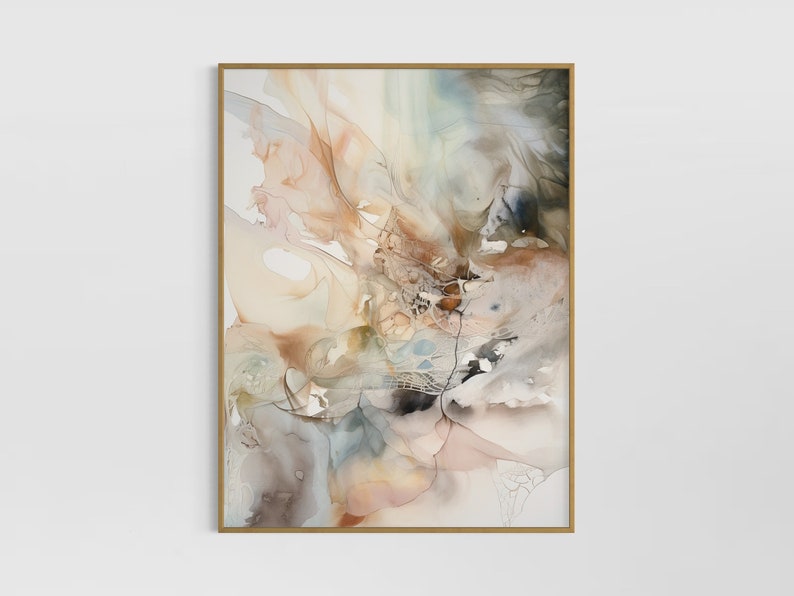 Framed abstract watercolor painting and hanging on a wall