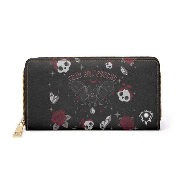 Cute But Psycho Bat Skulls Roses Black Zipper Wallet Zippered Gothic Horror Halloween Punk Rock Metal