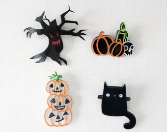 Handpainted Halloween Pin Badge: Glow-in-the-Dark Black Cat, Jack-o-lantern