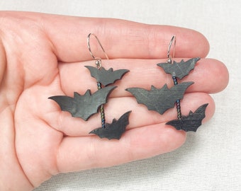 Halloween earrings | Bats silver earrings |  3D printed earrings | Black dangle earrings | Gift for her