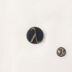 May include: A black, circular pin featuring a gold lambda symbol. A silver pin back is positioned nearby. The pin is set against a white backdrop.