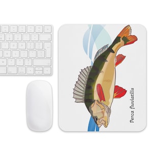 Peut inclure: Un tapis de souris blanc avec une illustration colorée d'une perche, un type de poisson d'eau douce. Le poisson nage vers le haut, les nageoires déployées. Le texte "Perca fluviatilis" est imprimé sur le côté droit du tapis de souris.