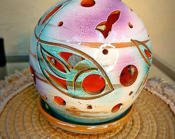 VENUS Collection, mini ceramic ball candle holder decorated with fish.