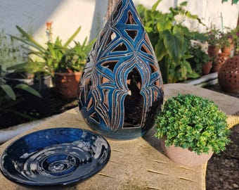 Handcrafted ceramics from Spain, medium blue dragon lantern, ideal for outdoors.