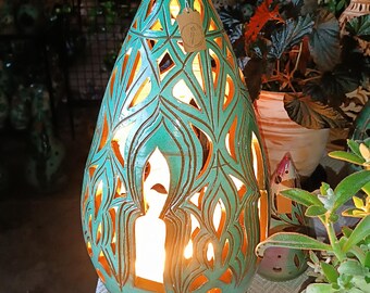 Handmade ceramic lamp, pyramid-shaped and decorated with turquoise ceramic cutouts by DERIMAR.