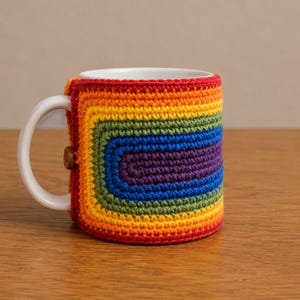 Könnte beinhalten: Eine weiße Keramiktasse mit einer gehäkelten Hülle in Regenbogenfarben. Die Hülle hat ein rechteckiges Design mit einem Holzknopfverschluss. Das Regenbogenmuster umfasst Rot-, Orange-, Gelb-, Grün-, Blau- und Lilatöne.