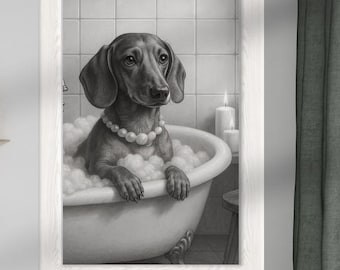 Lámina artística de baño de burbujas de perro salchicha: divertida decoración de pared para baño con perro salchicha, póster de spa con perro salchicha, descarga digital para amantes de los perros.