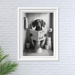 Toilet Reading Dachshund Print – Funny Wiener Dog Wall Art – Bathroom Decor Digital Download – Sausage Dog Poster Gift