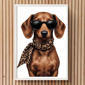 Teckel Dog Print | Weiner Dog Wall Art | Sausage Dog Fashion Poster | Dachshund Digital Download | Weiner Dog Gift | Animal Print Scarf Art