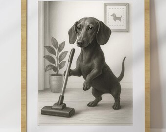 Funny Dachshund Vacuuming Wall Art Print, Whimsical Wiener Dog Cleaning Poster, Sausage Dog Digital Download, Teckel Humor Decor