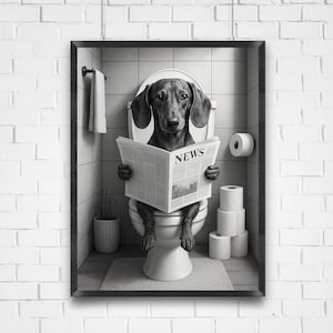 Funny Dachshund Bathroom Wall Art – Wiener Dog Toilet Print – Sausage Dog Digital Download – Dog Lover Gift – Dopamine Decor