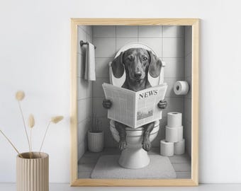 Funny Dachshund Bathroom Wall Art Print – Wiener Dog on Toilet Poster, Sausage Dog Digital Download, Dog Lover Bathroom Decor Gift