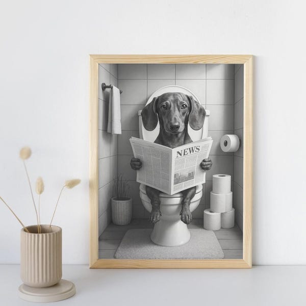 Grappige teckel badkamer kunst aan de muur print – worst hond op toilet poster, worst hond digitale download, hondenliefhebber badkamer decor cadeau