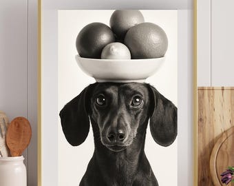 Funny Dachshund Fruit Bowl Wall Art, Minimalist Wiener Dog Print, Sausage Dog Digital Download, Dachshund Kitchen Decor, Dog Lover Gift