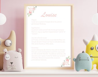 Personalized poster meaning of the first name pink flowers. Ideal birth gift