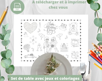 Set de table avec jeux et coloriages pour les enfants sur le thème du mariage - à télécharger et à imprimer.