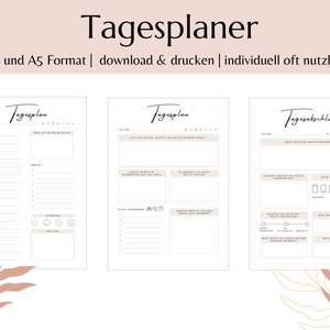 May include: Three printable daily planner pages in A4 and A5 format. The pages are designed for daily planning, including a section for daily goals, a to-do list, and a mood tracker. The pages are in a minimalist style with a light brown background and black text.
