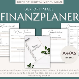 Puede incluir: Un planificador financiero digital con plantillas para resúmenes mensuales y anuales, y un presupuesto familiar. El planificador está disponible en formato A4/A5. El texto en el planificador dice "Meine Finanzen".