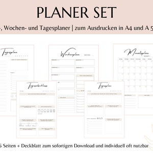 Peut inclure: Un ensemble de planificateurs imprimables avec un fond beige et un titre qui dit "PLANER SET". L'ensemble comprend un planificateur mensuel, hebdomadaire et quotidien, ainsi qu'une liste de tâches quotidiennes. Le texte sous le titre dit "Monats-, Wochen- und Tagesplaner | zum Ausdrucken in A4 und A 5 Format". Le texte en bas de l'image dit "6 Seiten + Deckblatt zum sofortigen Download und individuell oft nutzbar".