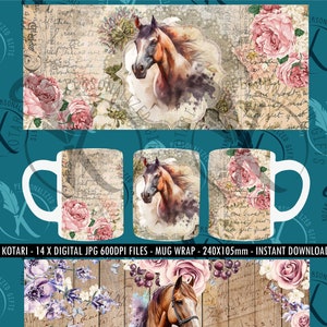 May include: A digital download of 14 images featuring a watercolor painting of a brown horse with a floral background. The images are designed for use as a mug wrap and are 240x105mm in size. The images are 600 DPI and are available for instant download.