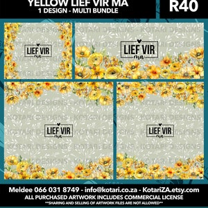 Puede incluir: Un diseño digital con flores amarillas y el texto "Lief Vir Ma" en un cuadro blanco. El diseño está sobre un fondo verde con enredaderas blancas. El diseño es para un multi-paquete.