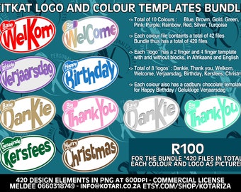 KitKat 2 & 4 finger Templates - Thank you, Welcome, Happy Birthday, Merry Christmas - Dankie, Welkom, Verjaarsdag, Kersfees - Var Colours