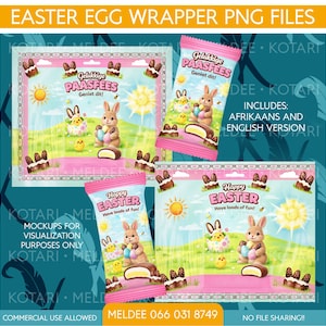 May include: Easter-themed PNG files featuring wrappers and designs. The wrappers are pink and feature illustrations of bunnies, chicks, and Easter eggs. The text "Happy Easter" and "Gelukkige Paasfees" are visible. The designs include a sun and chocolate treats.