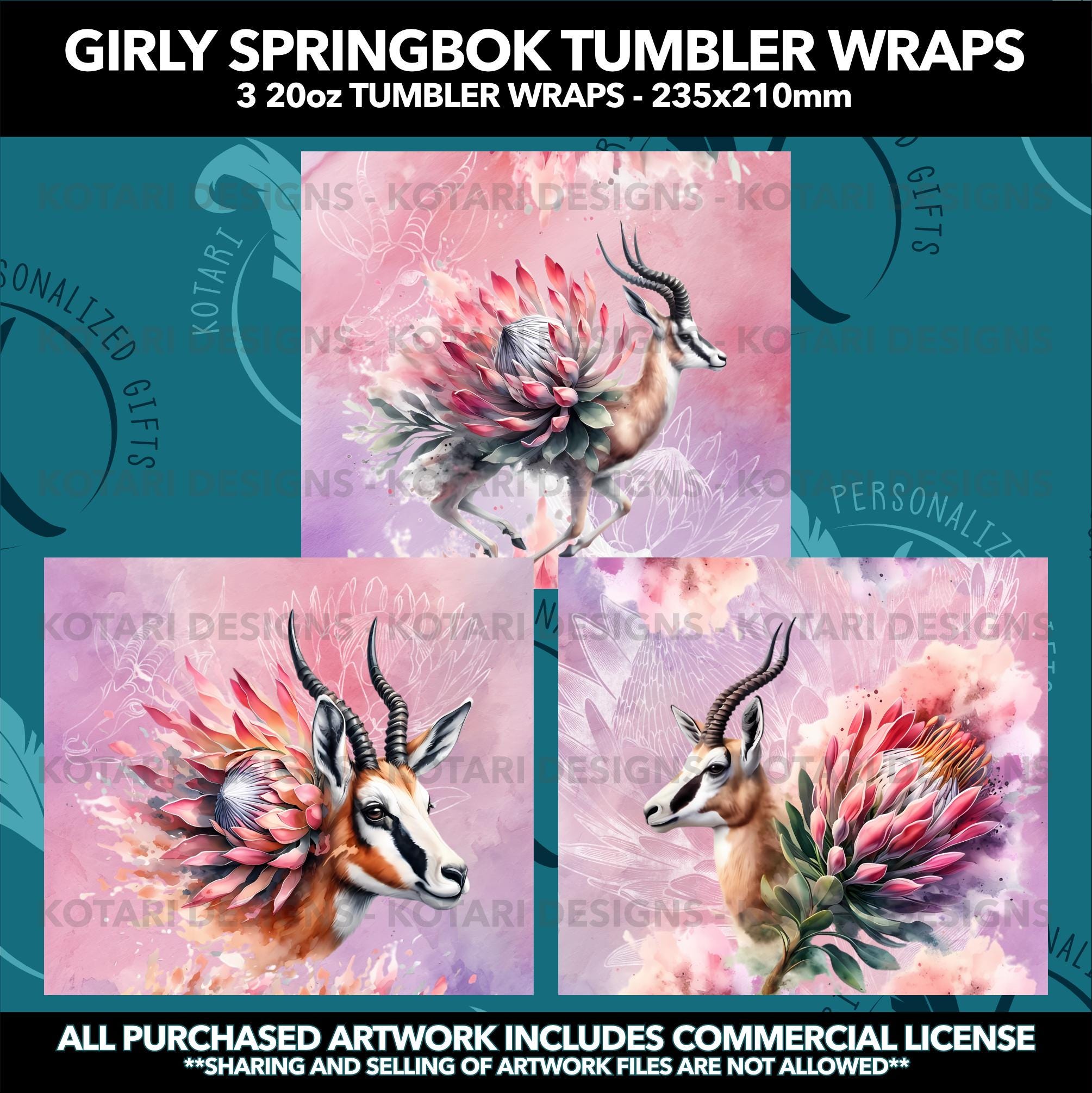 Girly Springbok 20oz Tumblers - 3 designs - protea and sprinbok inspired