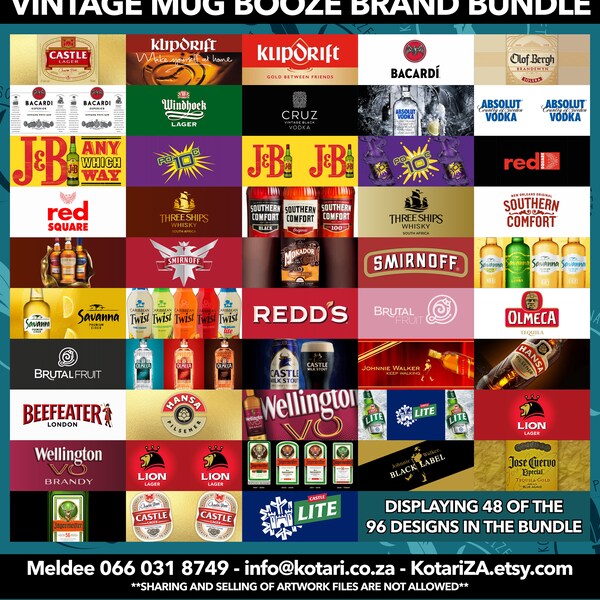 Vintage Styled - Booze Alcohol Brand Mug Bundle - Whiskey Rum Cane Brandy Beer and more - 96 designs with border options - total 404 files