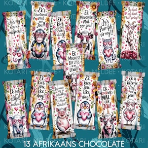 May include: A set of 13 Afrikaans chocolate bar designs. Each bar features a different animal character holding a heart, surrounded by floral decorations and text. The bars are labeled "Cadbury" and are 80g in size.
