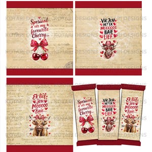 May include: Four chocolate bar wrappers with a vintage design. The wrappers feature a red and white cow, hearts, and text in Dutch. The text on the wrappers reads "Spesiaal vir my favourite Cherry...", "Vir jou het ek moooccco baie lief", and "Ek lief jou moooccco baie..."