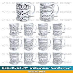 以下が含まれることがあります： 14個の白いセラミックマグのコレクション。それぞれにユニークな黒い幾何学模様が施されています。デザインには、線、形、繰り返しのモチーフが含まれています。マグカップには標準的なハンドルが付いており、白い背景に表示されています。「SET INCLUDES 14 FILES」というテキストが下にあります。