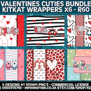 Puede incluir: Un conjunto de seis diseños imprimibles para envoltorios de KitKat, con temática de San Valentín. Los diseños presentan personajes de dibujos animados lindos, corazones y el texto "XOXO", "With Love" y "You're My Lovebug".