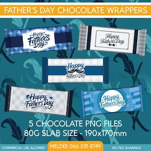 May include: A collection of five Father's Day chocolate wrappers with various designs. Each wrapper features the text "Happy Father's Day" in different fonts and styles, with blue and white color schemes. The wrappers are designed for 80g chocolate slabs, measuring 190x170mm.