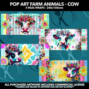 Puede incluir: Cuatro envoltorios de taza coloridos con una vaca con una corona de flores. Cada envoltorio tiene un patrón de fondo diferente, que incluye rayas, formas geométricas y diseños abstractos. Los envoltorios de taza miden 240 mm por 105 mm.