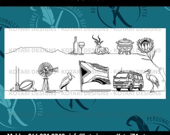 Proudly SA lineart mug - featuring proudly SA icons like Taxi / Protea / Table Mountain / Hadeda / Springbok / Rugby and so much more!