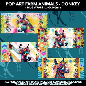 Puede incluir: Cuatro diseños de tazas coloridas con burros de arte pop con coronas florales. Los diseños utilizan colores vibrantes y el texto "POP ART FARM ANIMALS - DONKEY" y "4 MUG WRAPS - 240x105mm". La obra de arte incluye una licencia comercial.