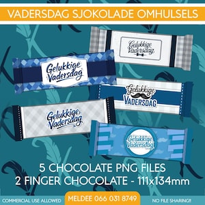May include: An assortment of five chocolate bar wrappers with the text "Gelukkige Vadersdag" in various designs. The wrappers are blue, white, and gray, with a measurement of 111x134mm. The image also includes the text "5 CHOCOLATE PNG FILES".