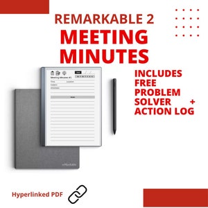 Könnte beinhalten: Ein digitales Notizbuch mit weißem Hintergrund und schwarzen Linien zum Notieren von Besprechungsprotokollen. Das Notizbuch liegt auf einer grauen Oberfläche und trägt oben den Text "Meeting Minutes #1". Der Text "REMARKABLE 2 MEETING MINUTES" ist oben im Bild in roter Schrift zu sehen. Der Text "INCLUDES FREE PROBLEM SOLVER + ACTION LOG" ist rechts im Bild in roter Schrift zu sehen. Der Text "Hyperlinked PDF" ist unten im Bild in schwarzer Schrift zu sehen.