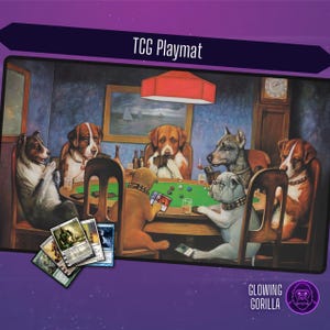 May include: A playful illustration of dogs playing cards around a green felt table. The dogs are wearing collars and have human-like expressions. The table is set with cards, dice, and drinks. The image is a humorous take on the classic card game scene.
