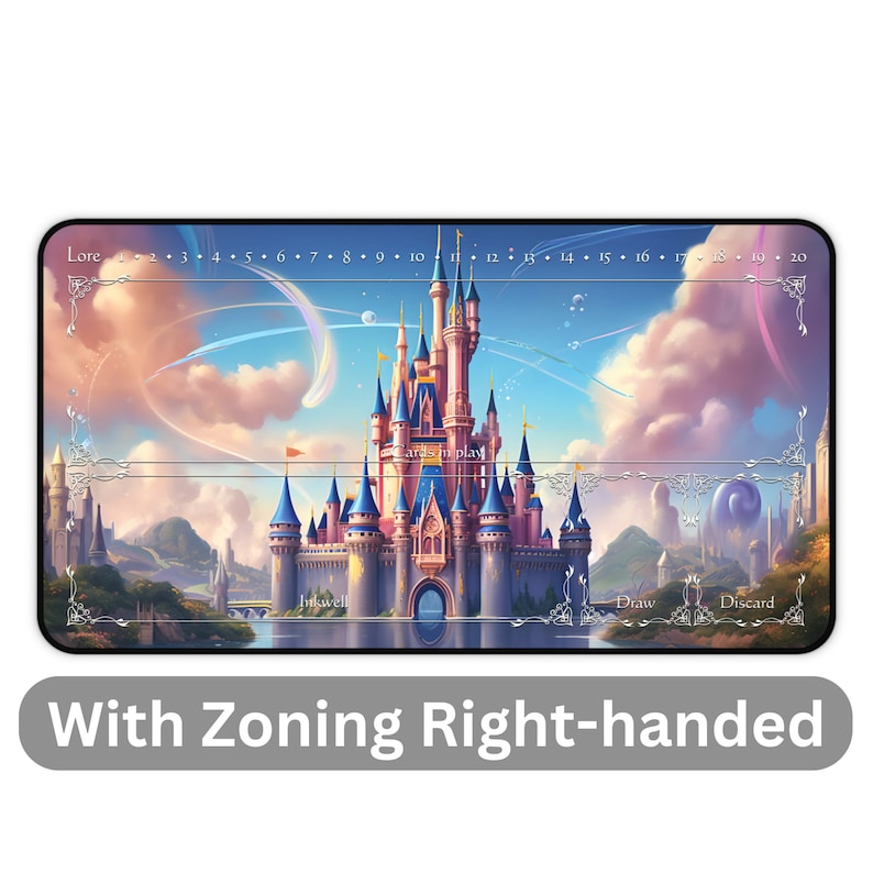 May include: A rectangular playmat featuring a fantasy castle scene with a pink and blue color scheme. The mat has zones labeled "Lore," "Draw," and "Discard," with the text "With Zoning Right-handed" at the bottom. The background shows a sky with clouds.