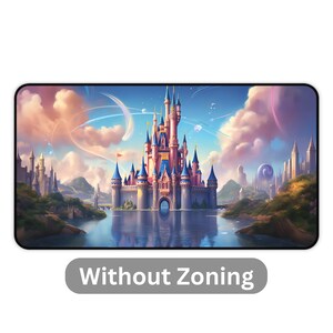 May include: A rectangular mousepad featuring a fantasy castle scene with a pink and blue castle reflected in the water. The sky is filled with clouds and colorful accents. The text "Without Zoning" is at the bottom.